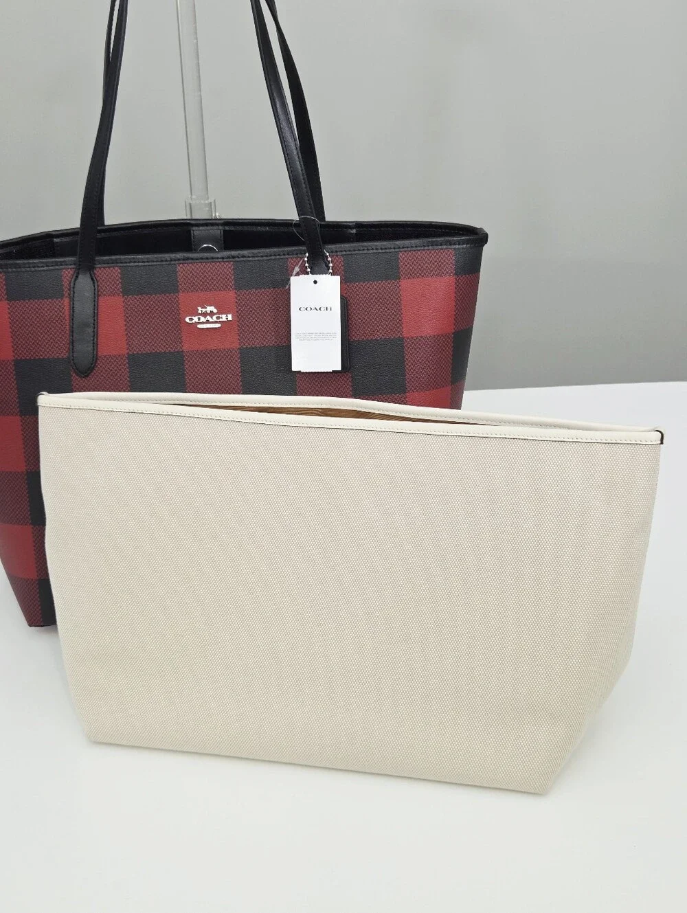 NWT COACH TOTE BAG WITH BUFFALO PLAID PRINT + SLIM WALLET + COACH TOTE INSERT